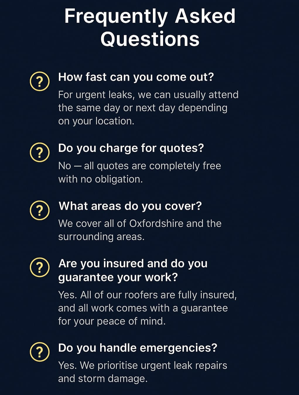 alt="Frequently asked questions about roof repairs, quotes, areas covered and guarantees"